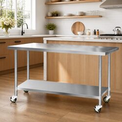 Stainless Steel Kitchen Work Bench with Castor Wheels 1829x760mm Adjustable