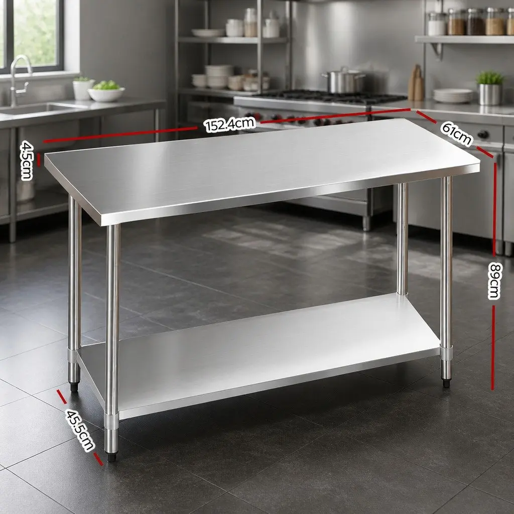 Stainless Steel Work Bench Heavy Duty Kitchen Prep Table 1524x610mm Silver