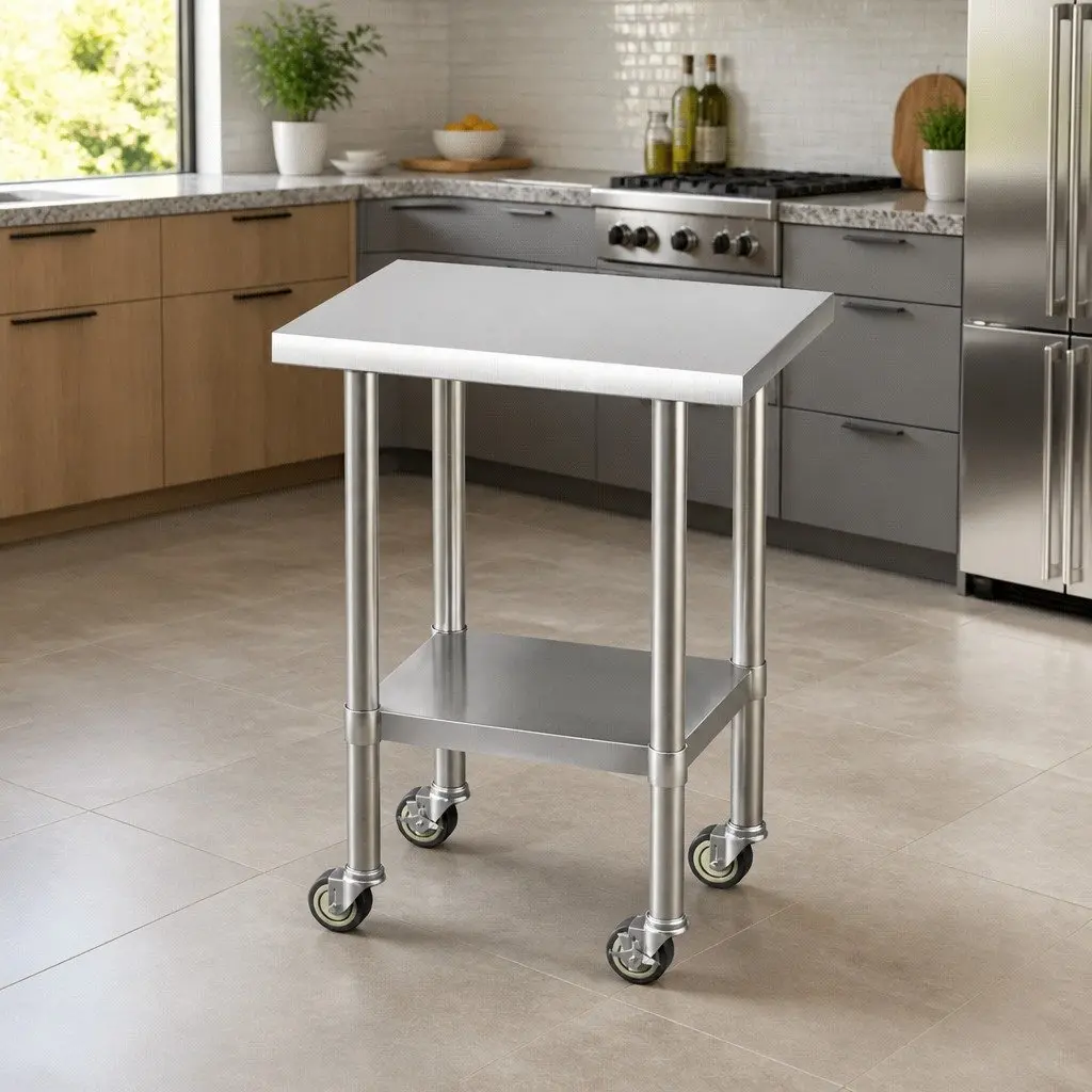 Stainless Steel Kitchen Work Bench with Wheels Adjustable Shelf 61x46cm Silver