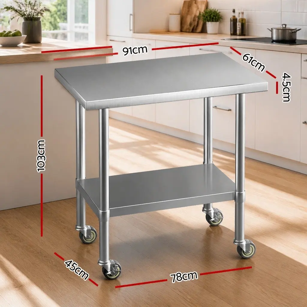 Stainless Steel Kitchen Work Bench with Adjustable Shelf 91x61cm Silver