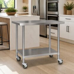 Stainless Steel Kitchen Bench with Lockable Wheels Adjustable Shelf Storage