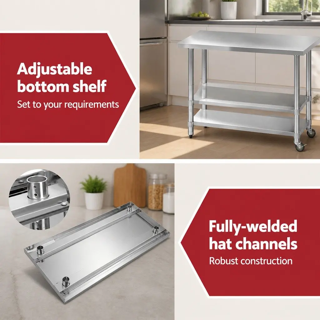 Stainless Steel Kitchen Bench Lockable Wheels Adjustable Shelf Silver