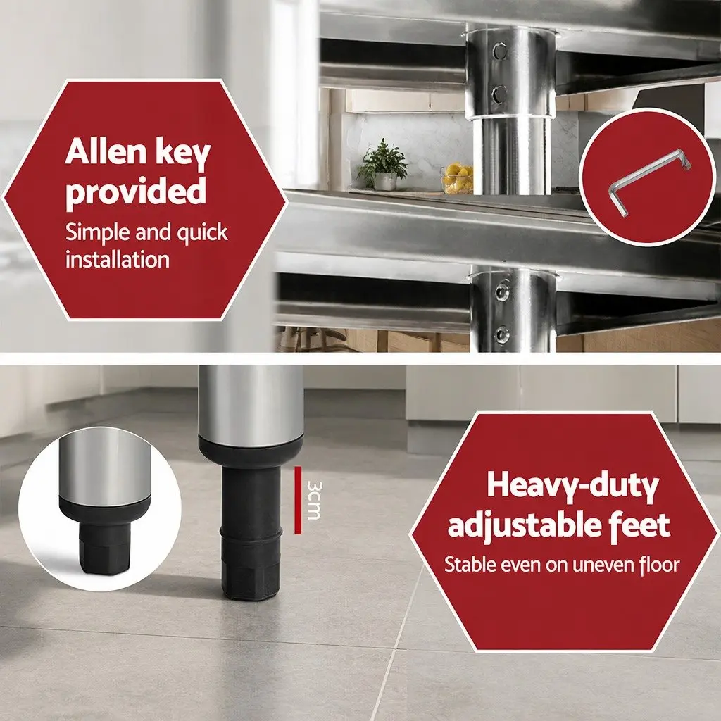 Stainless Steel Kitchen Bench Lockable Wheels Adjustable Shelf Silver