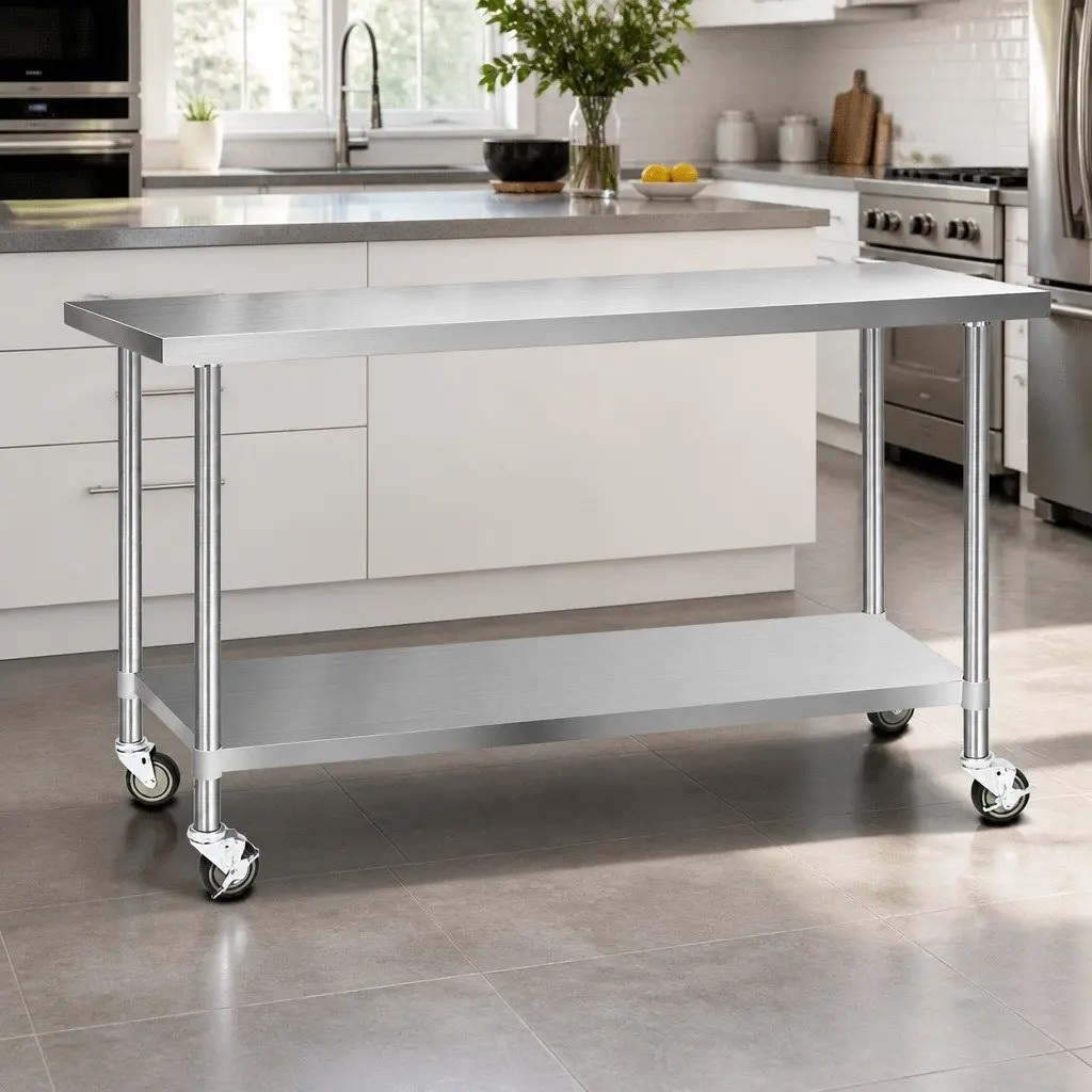 Stainless Steel Kitchen Bench Mobile Work Table 1829mm with Lockable Castor Wheels and Adjustable Shelving