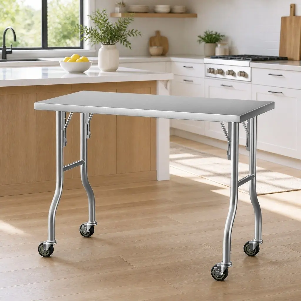 Stainless Steel Kitchen Work Bench with Wheels Foldable Legs 122x61cm Silver or Black