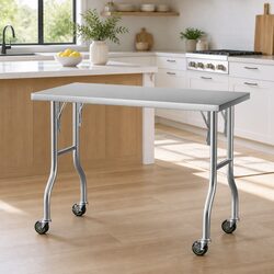 Stainless Steel Kitchen Work Bench with Wheels Foldable Legs 122x61cm