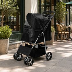 Pet Stroller 4 Wheels Dog Cat Pram Foldable Portable Travel Carrier Black