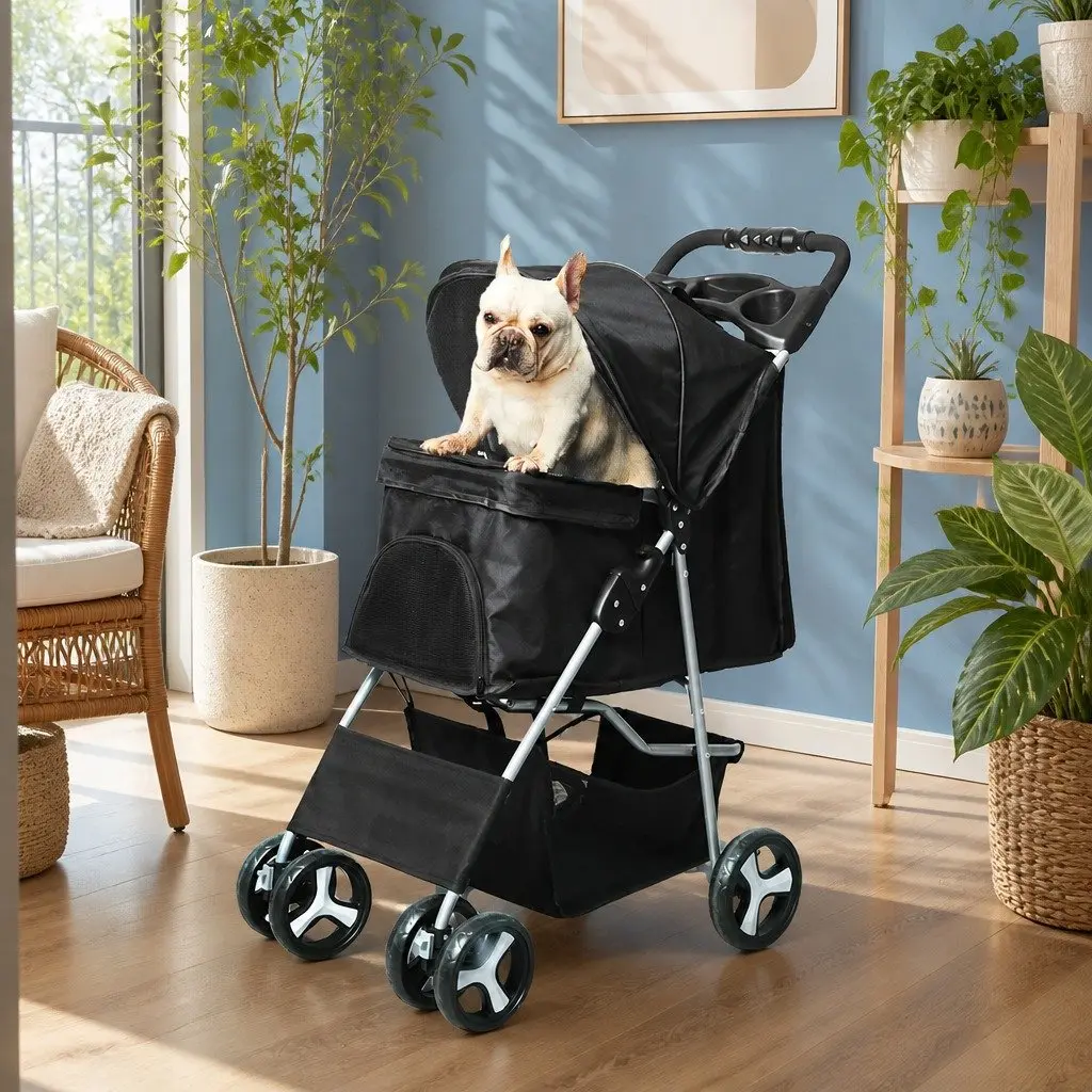Pet Stroller Foldable Portable 4 Wheels Waterproof Fabric Black