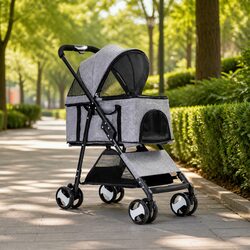 Pet Stroller Large Dog Cat Travel Carrier Foldable Pushchair Grey Wheels