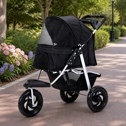 Pet Stroller Dog Cat Carrier Pram Elevated Design Foldable Wheels Basket