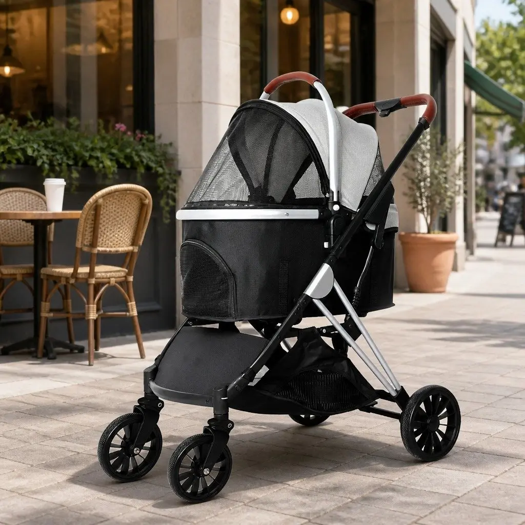 Pet Stroller Foldable 3-in-1 Carrier Breathable Mesh Window Grey and Black