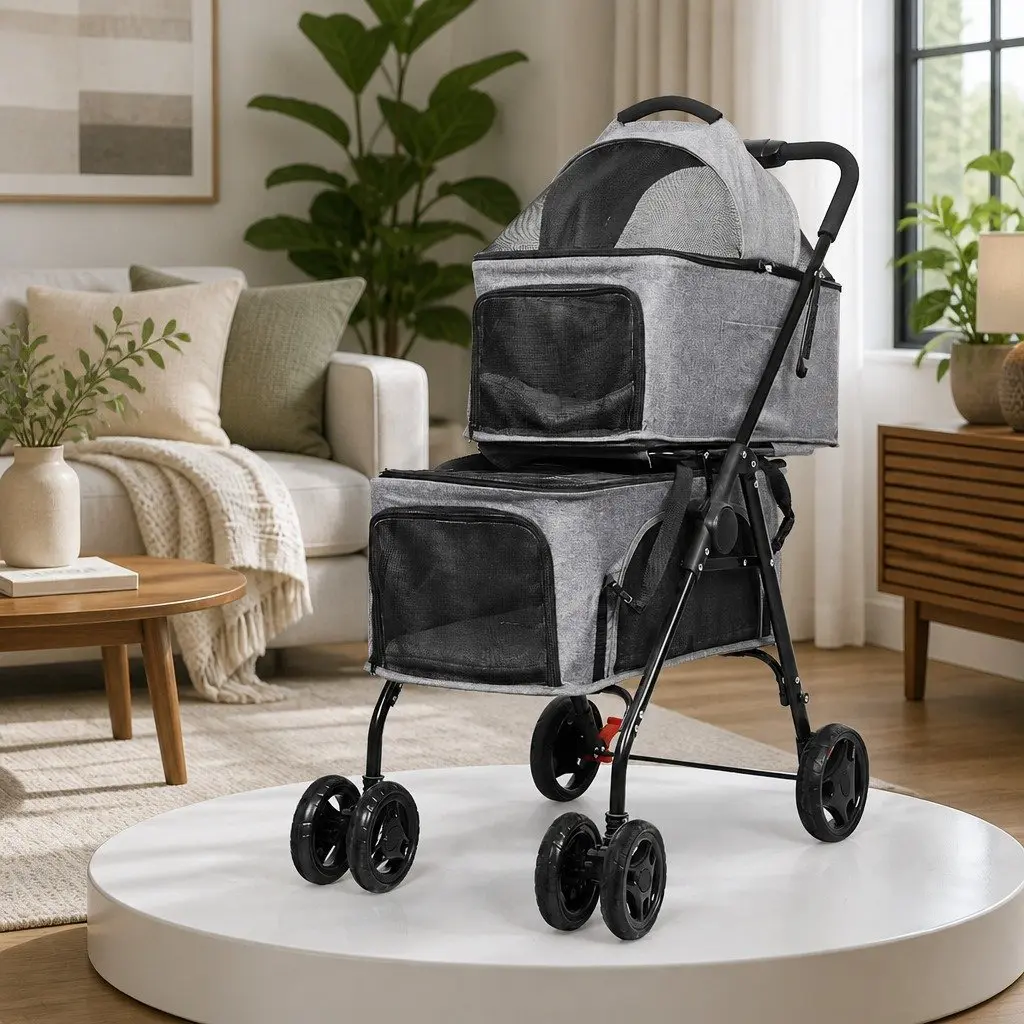 Two-Tier Pet Stroller Double Dog Cat Carrier Pram Basket Lockable Wheels