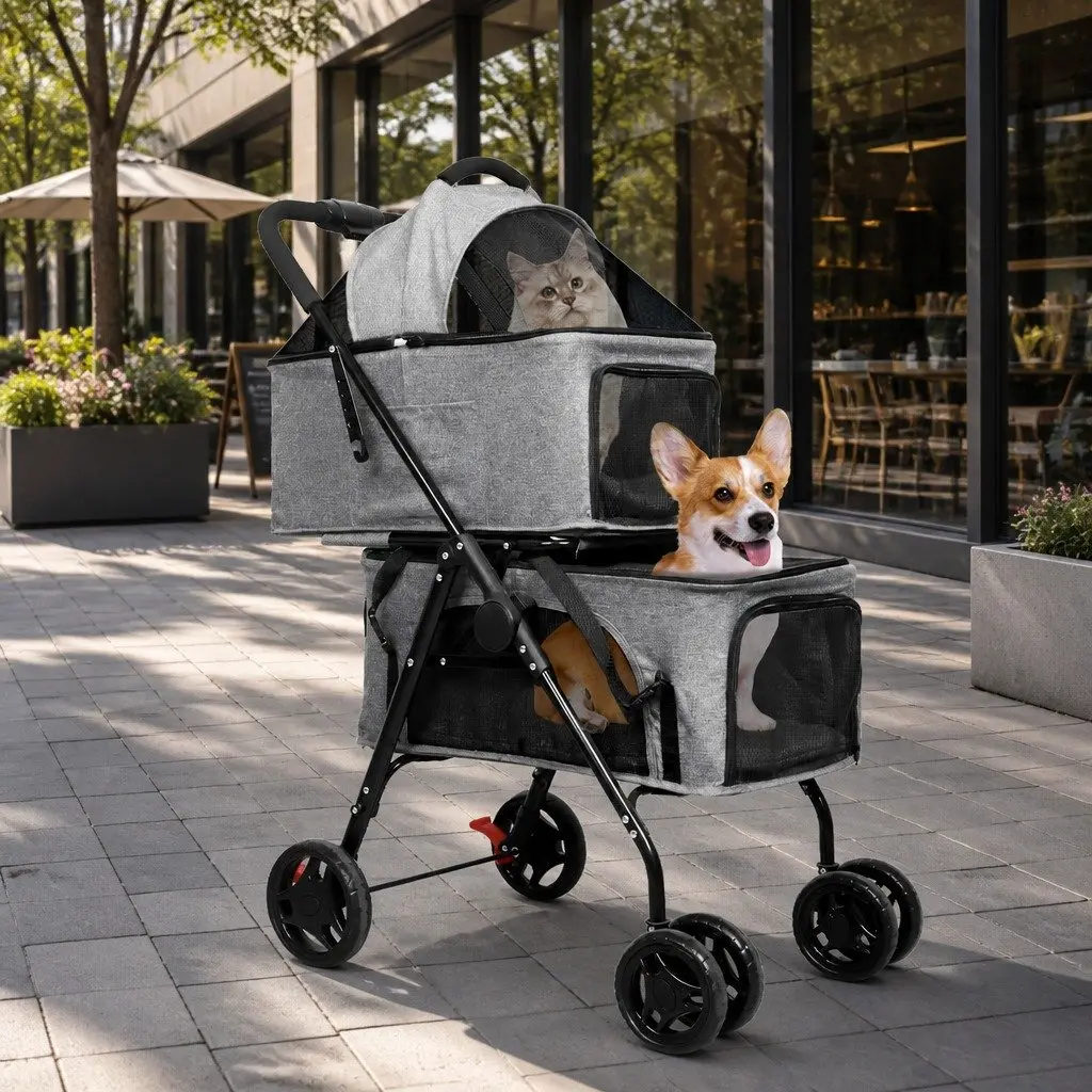 Two-Tier Pet Stroller Double Dog Cat Carrier Pram Basket Lockable Wheels
