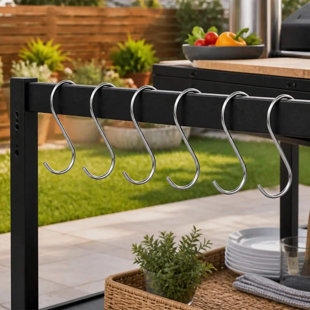 Outdoor Kitchen Cart Mobile Foldable BBQ Grill Food Prep Table Black Iron