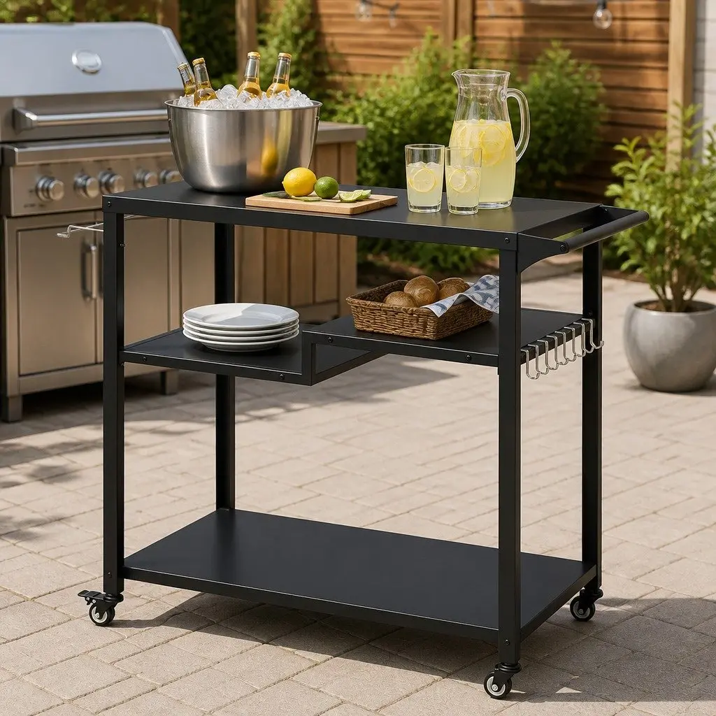 Outdoor Kitchen Cart 3 Tier Mobile BBQ Grill Serving Trolley Patio Storage Table