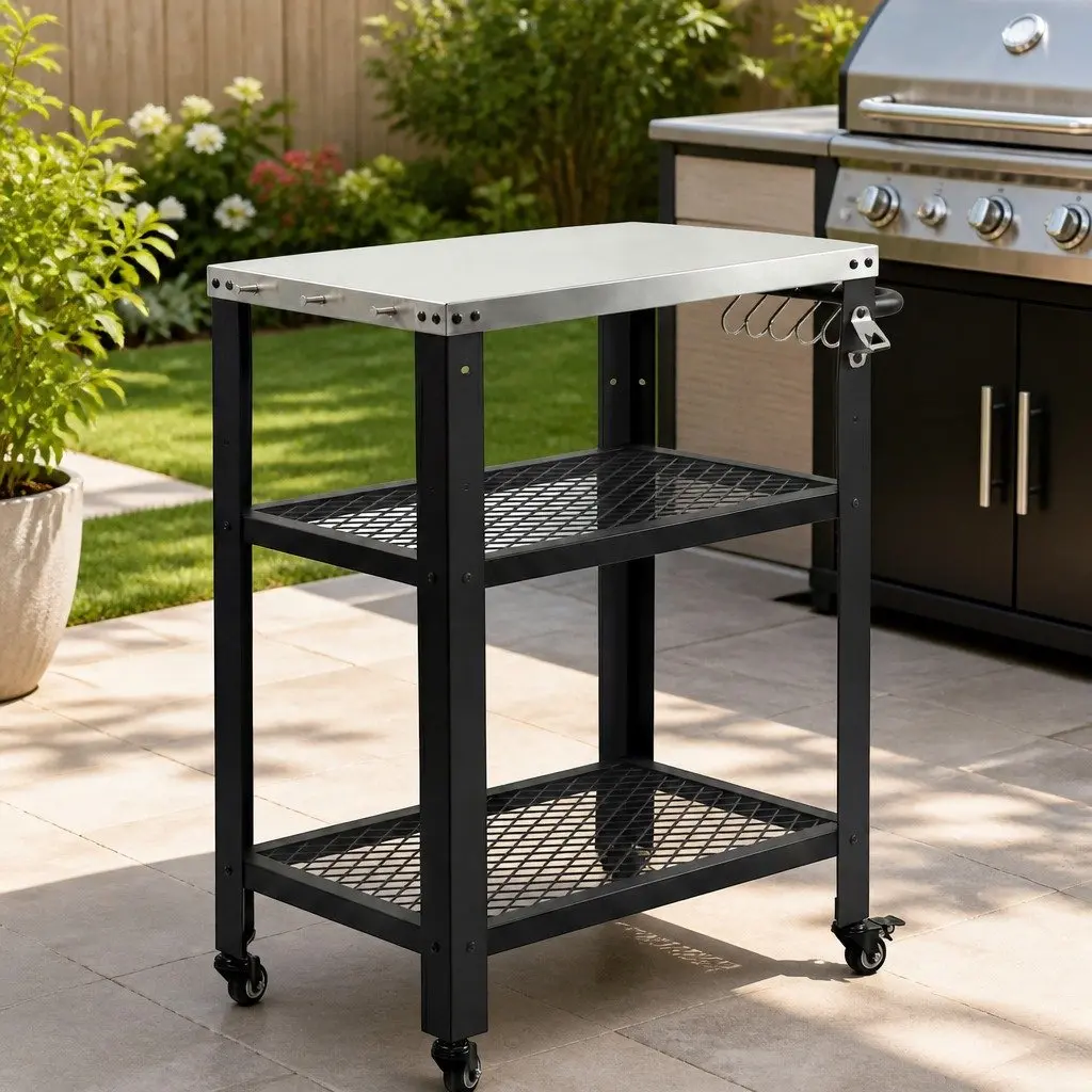 Outdoor Kitchen Cart Mobile BBQ Grill Trolley Stainless Steel Prep Table Storage
