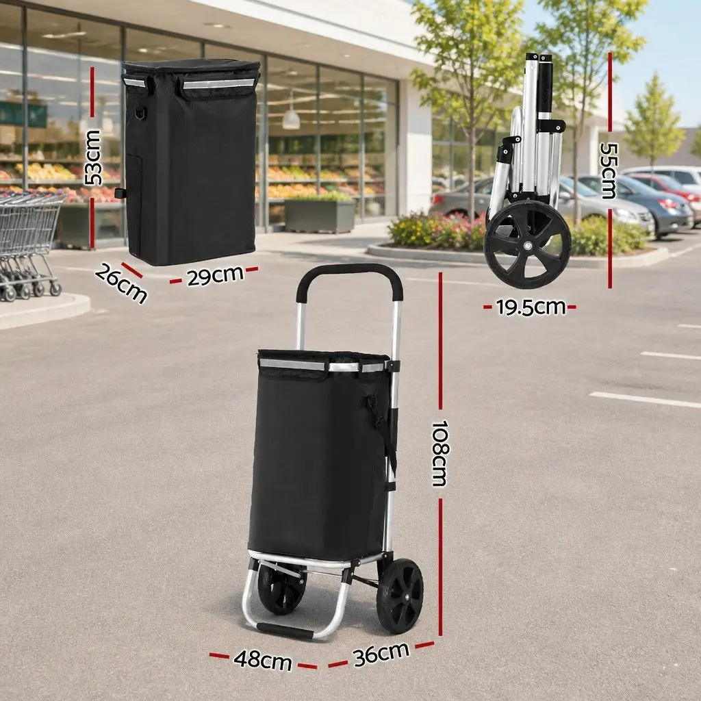 Shopping Trolley Cart Foldable 45kg Capacity Aluminium Frame Oxford Cloth Black