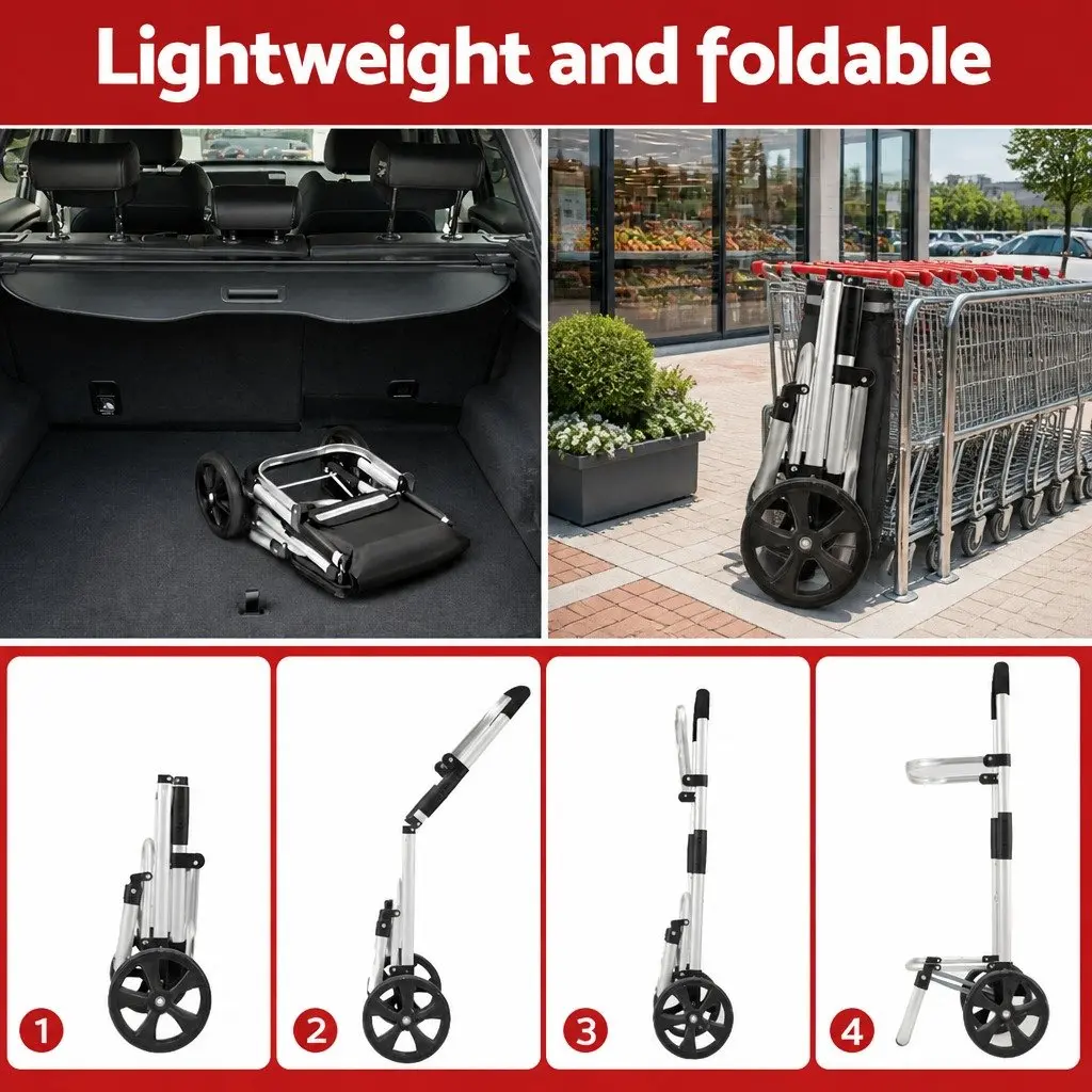 Shopping Trolley Cart Foldable 45kg Capacity Aluminium Frame Oxford Cloth Black