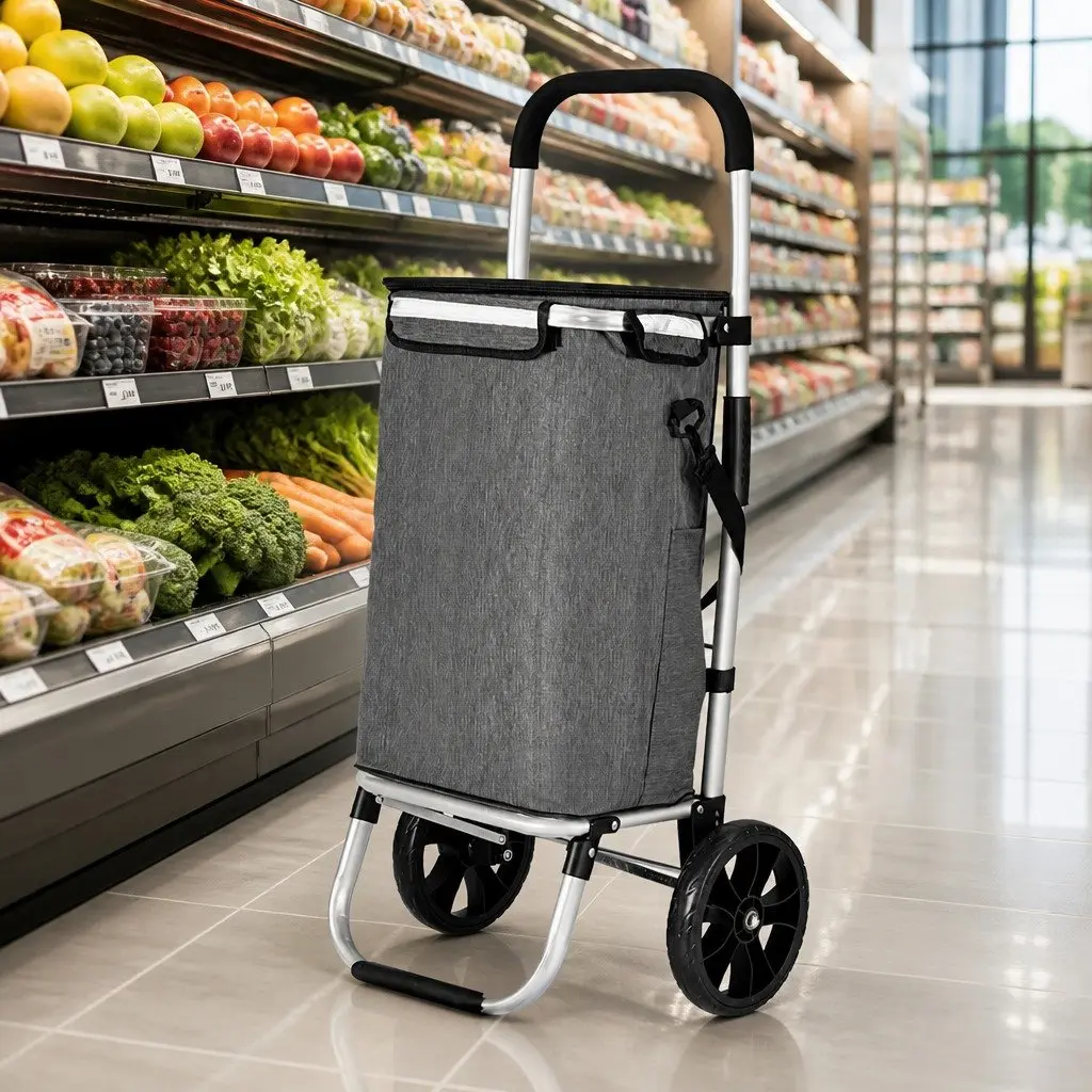 Shopping Trolley Cart Foldable Lightweight Aluminium Frame Grey Oxford Cloth 45KG Capacity
