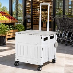 Shopping Trolley Cart 75L Foldable White Wheeled Grocery Basket Storage
