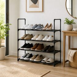 Shoe Rack 4-Tier 16 Pairs Stackable Storage Organiser Black Metal Frame