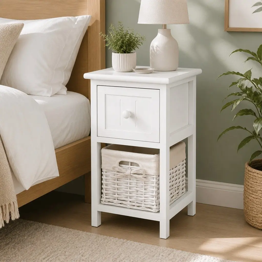 Bedside Table White Rustic Cottage Style 1 Drawer with Wicker Basket Storage
