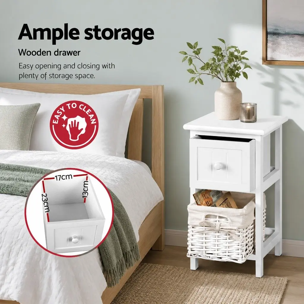 Bedside Table White Rustic Cottage Style 1 Drawer with Wicker Basket Storage