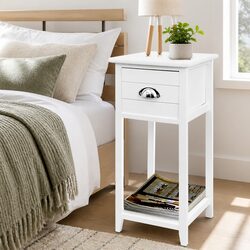 Bedside Table White Vintage Design Drawer Storage Compact Bedroom Furniture