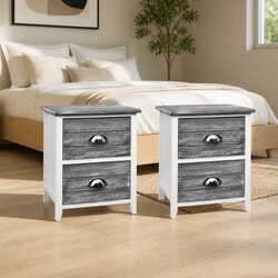 Bedside Table 2 Drawers Grey Vintage Nightstand Storage Bedroom Furniture