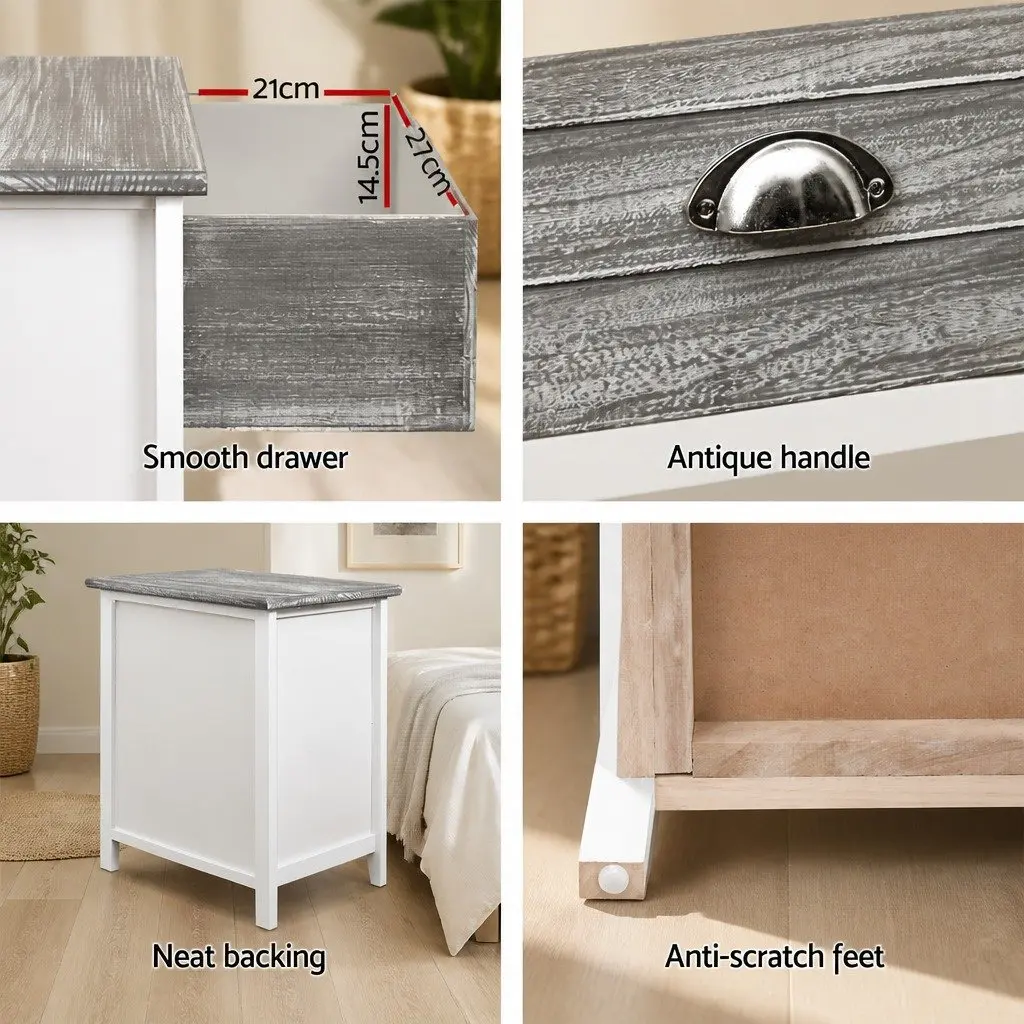 Bedside Table Vintage Style 2 Drawers Grey Compact Storage Furniture
