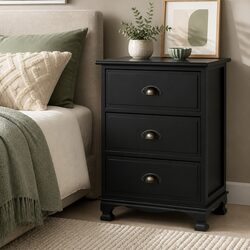 Black Bedside Table 3 Drawers Vintage Storage Cabinet Nightstand Bedroom