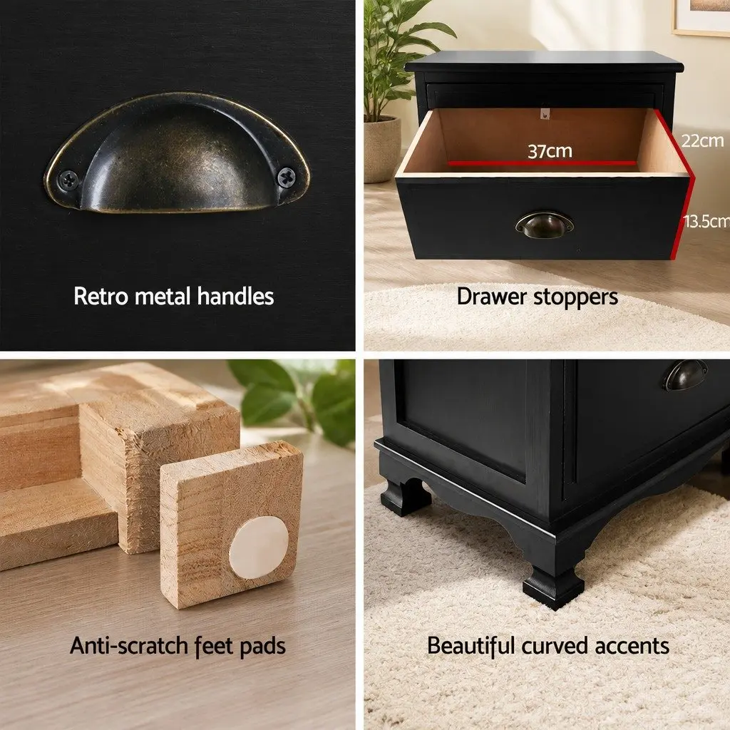 Black Bedside Table 3 Drawers Vintage Storage Cabinet Nightstand
