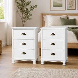Bedside Table 3 Drawers White Vintage Storage Cabinet Nightstand with Metal