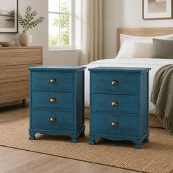 Bedside Table 3 Drawers Blue Vintage Storage Cabinet Nightstand with Metal
