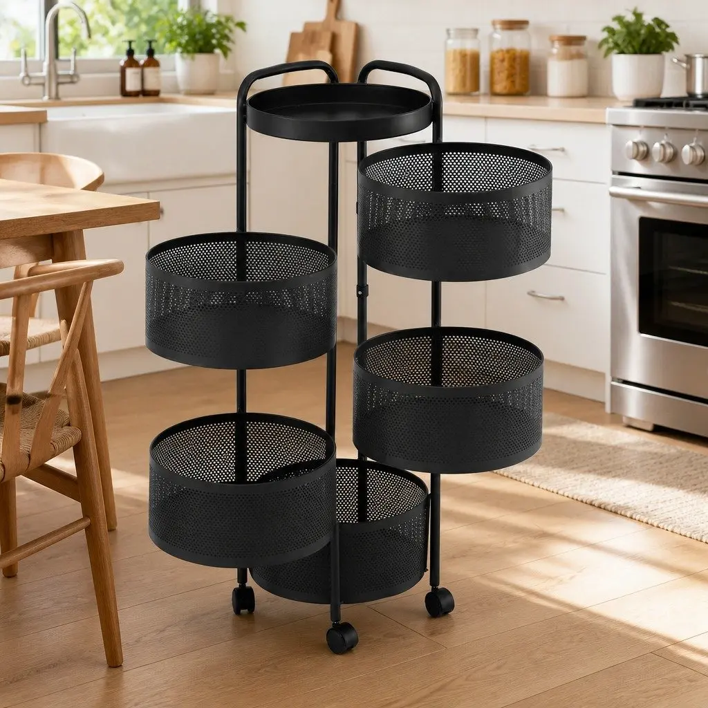 5-Tier Storage Trolley Rotating Utility Rack Black
