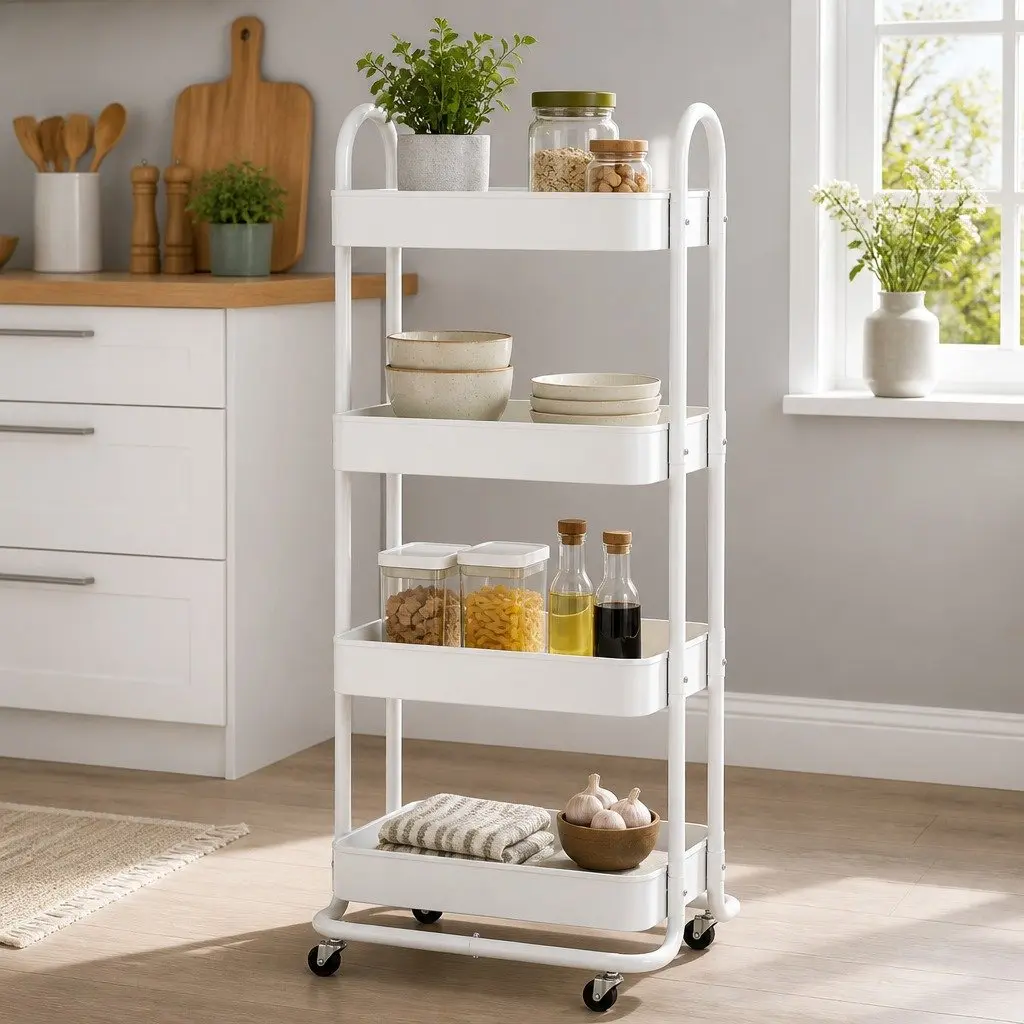 Storage Trolley 4 Tier Portable Kitchen Cart White Rolling Wheels Lockable