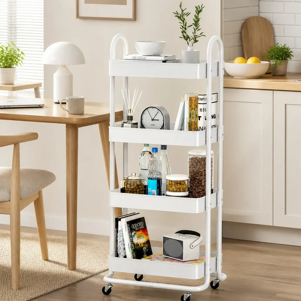 Storage Trolley 4 Tier Portable Kitchen Cart White Rolling Wheels Lockable