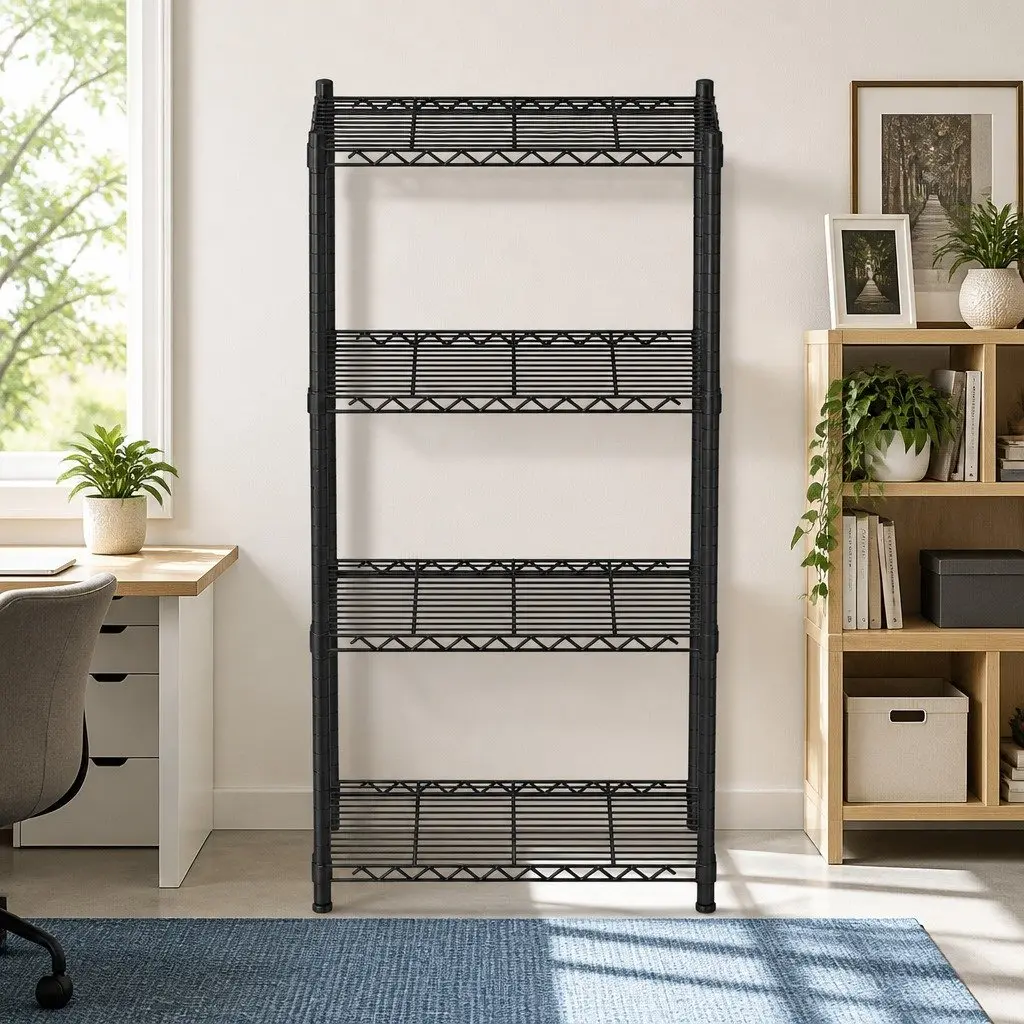 4-Tier Steel Storage Shelving Unit Adjustable Height V-Shaped Mesh Shelves Black