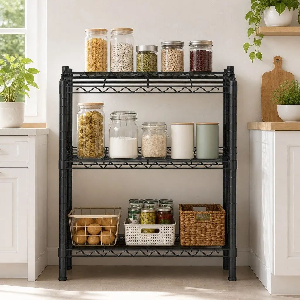 3-Tier Shelving Unit Adjustable Storage Rack Steel Black