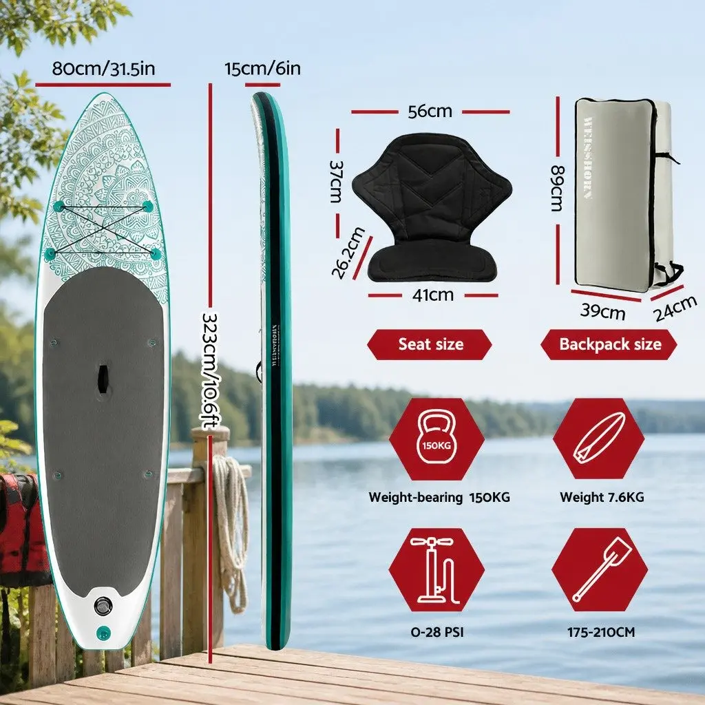 Inflatable Stand Up Paddle Board 10.6ft SUP Surfboard Paddleboard Kayak Green