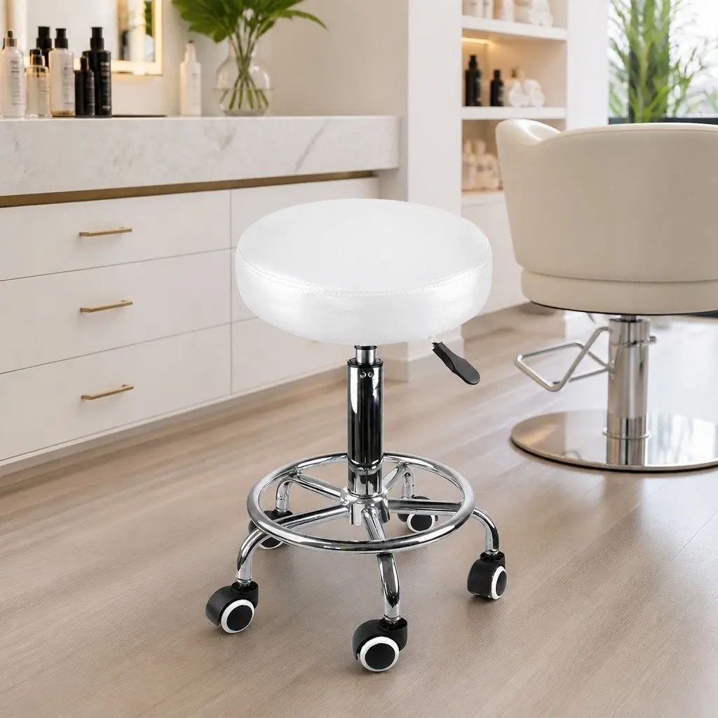 Salon Stool Swivel PU Leather Seat Gas Lift Hydraulic 360 Degree Rotation Silver White