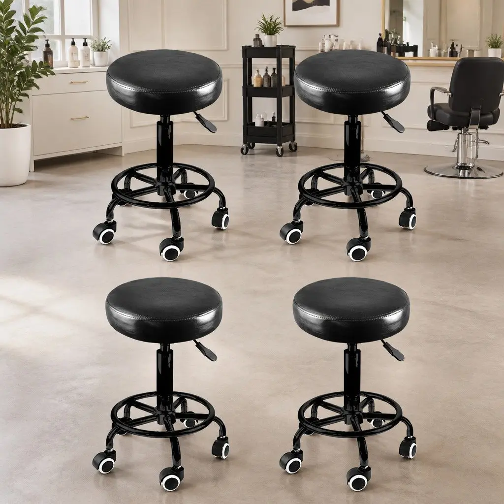 Salon Stool Swivel Height Adjustable Black PU Leather with Gas-Lift and Rolling Casters