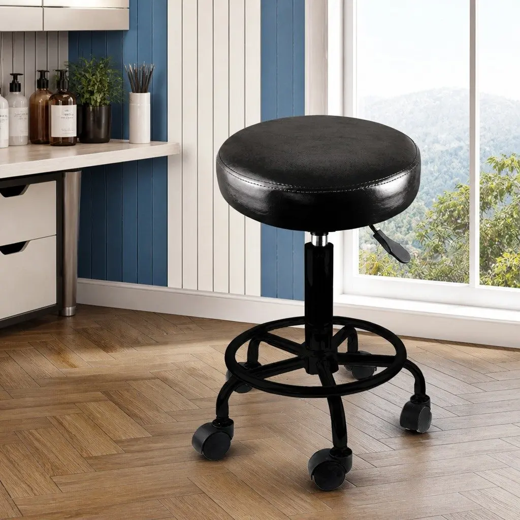 Salon Stool Swivel Height Adjustable Black PU Leather with Gas-Lift and Rolling Casters