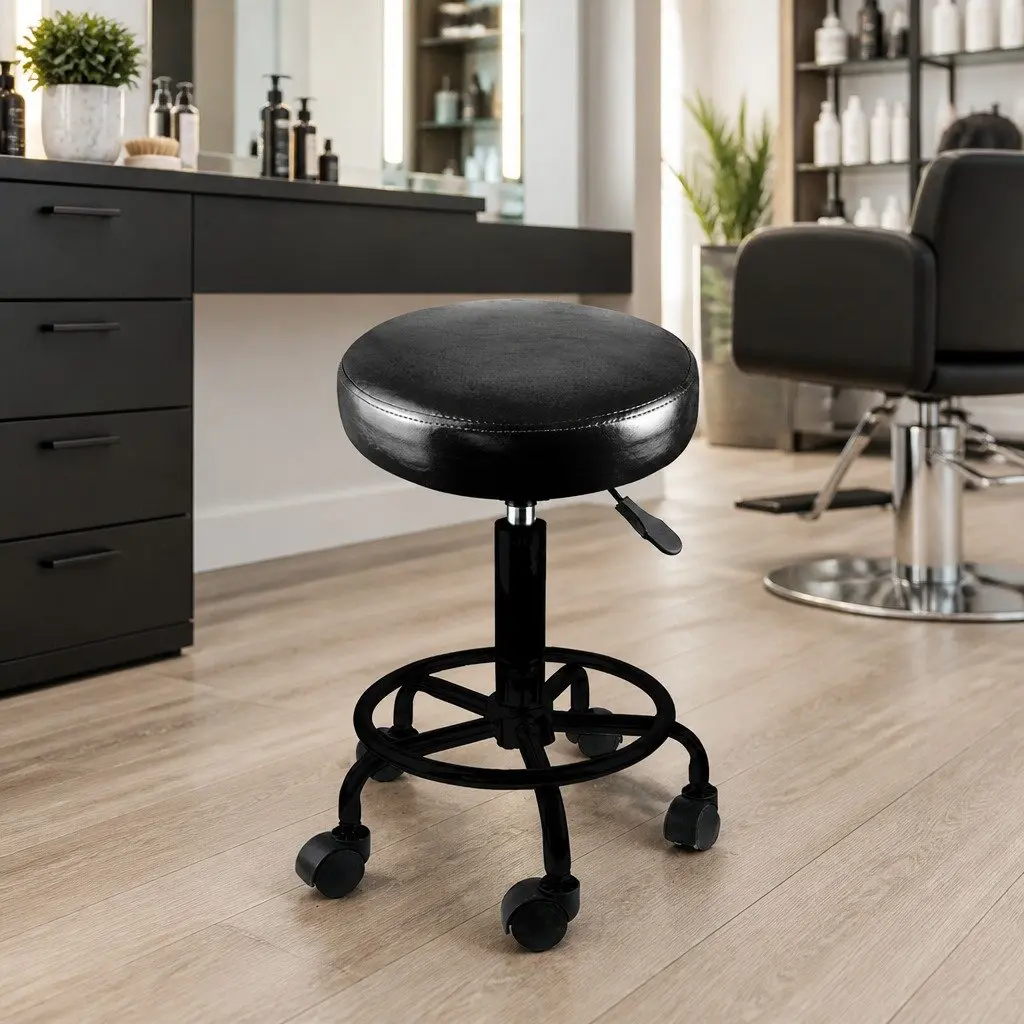 Salon Stool Swivel Chair PU Leather Seat Height Adjustable Black
