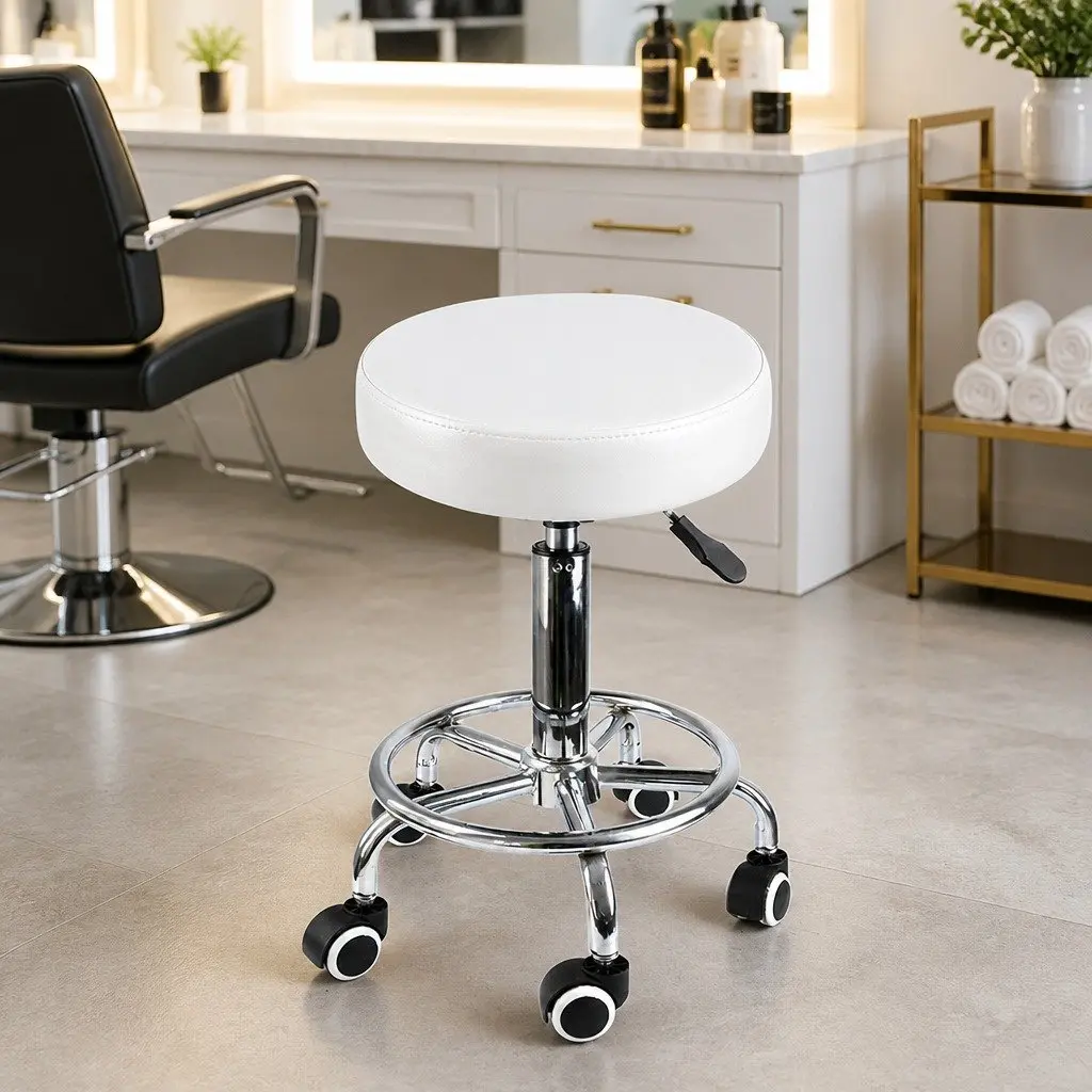 Salon Barstool Adjustable Height White PU Leather 360° Rotation with Casters