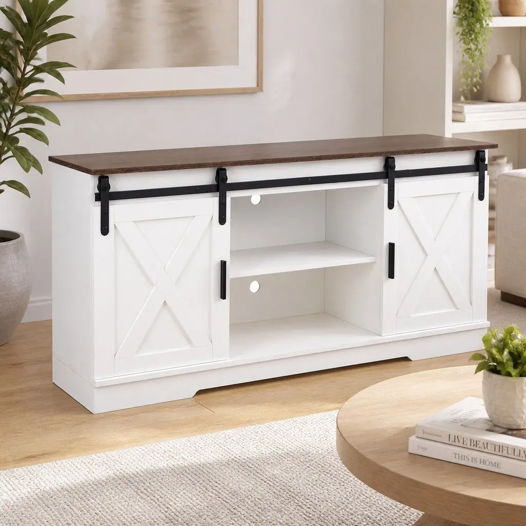 TV Cabinet Entertainment Unit Sliding Barn Door Storage Wooden Stand Media