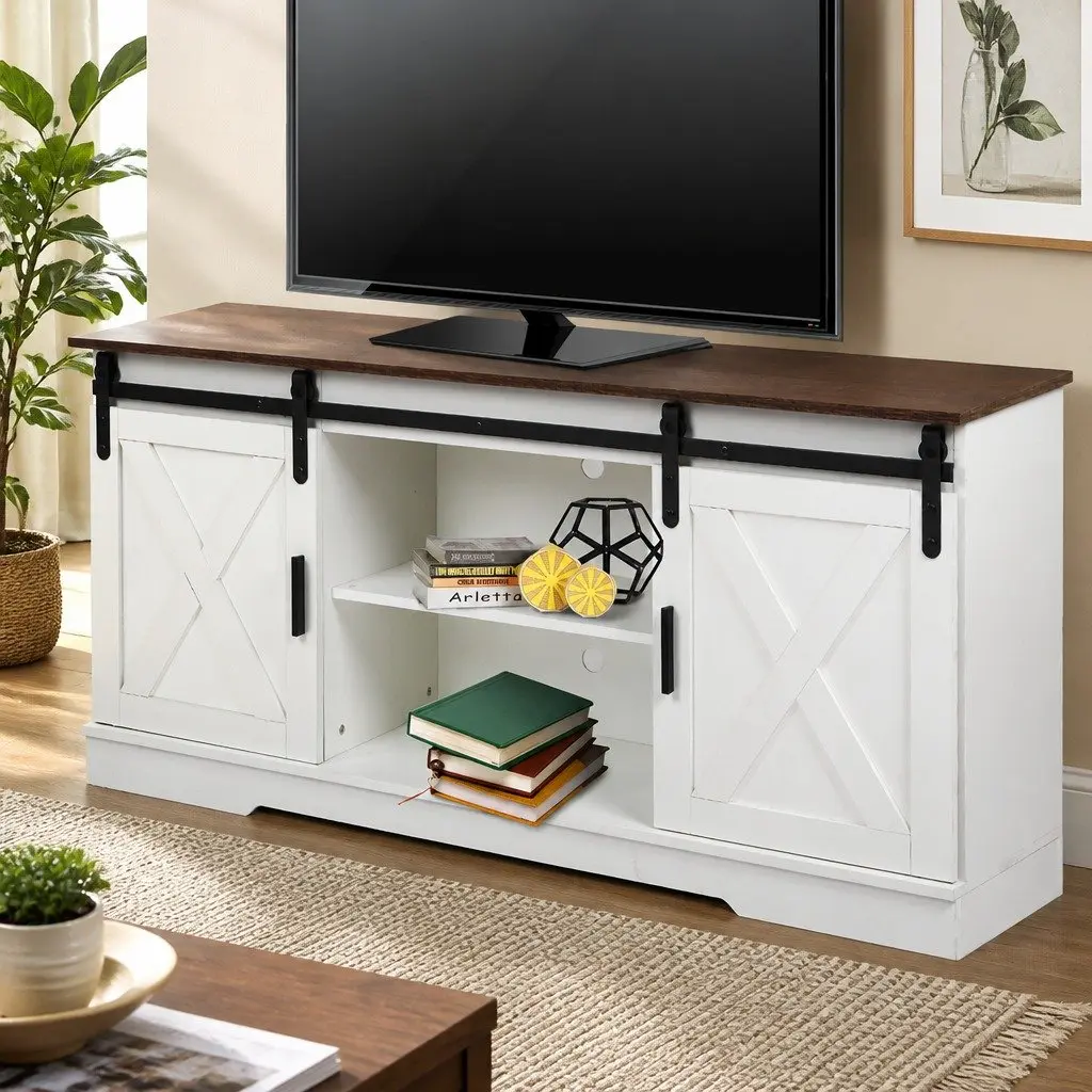 TV Cabinet Entertainment Unit Sliding Barn Door Storage Wooden Stand Media