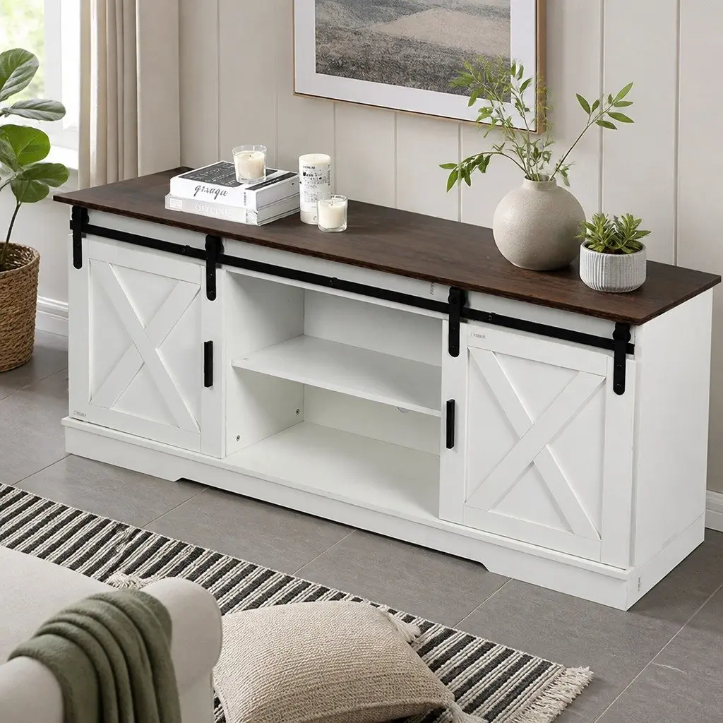 TV Cabinet Entertainment Unit Sliding Barn Door Storage Wooden Stand Media