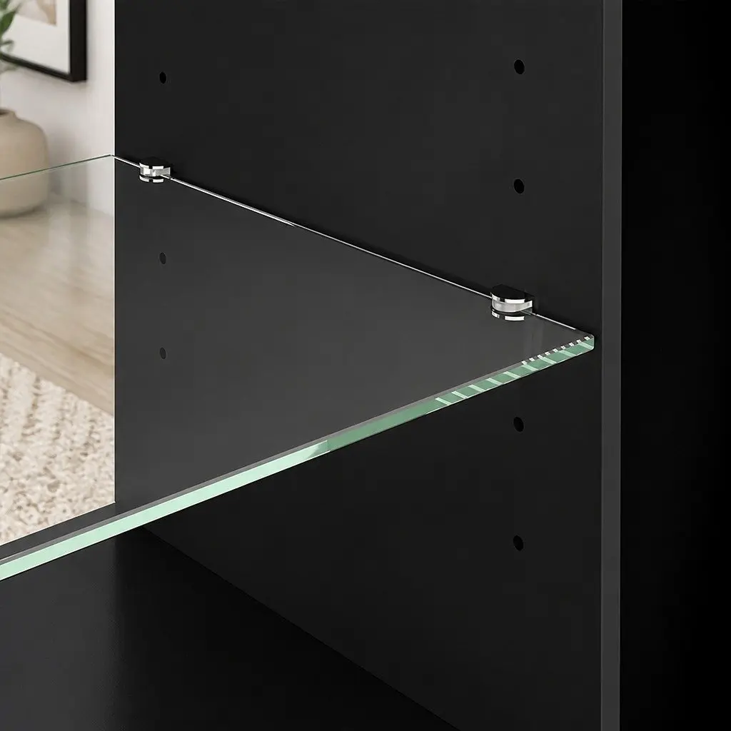 TV Stand Storage Cabinet Black LED Entertainment Unit 140cm with Adjustable Shelves and Magnetic Door