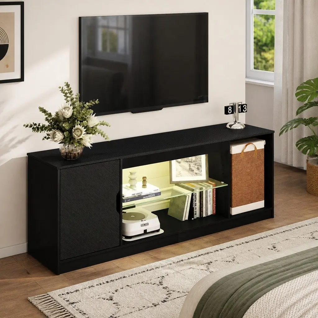 TV Stand Storage Cabinet Black LED Entertainment Unit 140cm with Adjustable Shelves and Magnetic Door